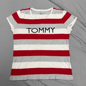 Tommy Hilfiger Red White Gray Striped Short Sleeve Tee